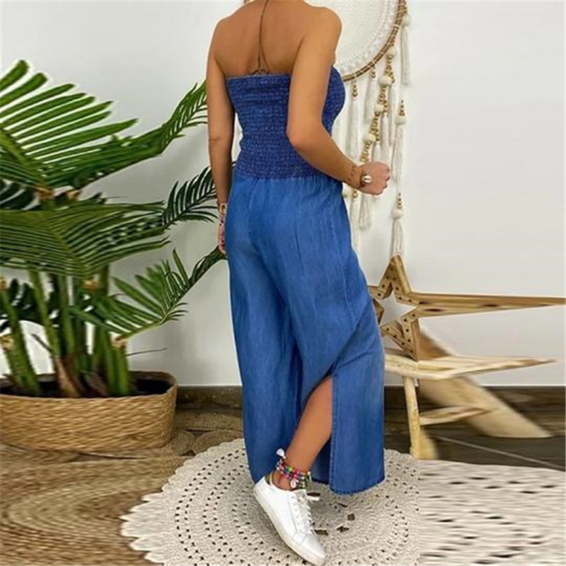 Full-chested Elasticated Slim-fit One-piece Slit Wide-leg Casual Denim Trousers