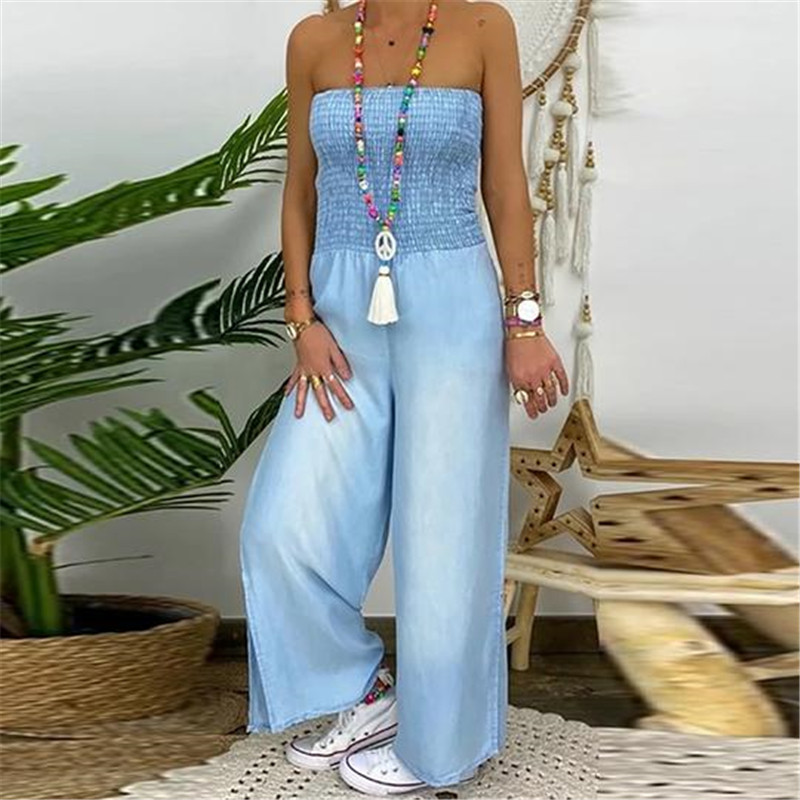 Full chested Elasticated Slim fit One piece Slit Wide leg Casual Denim Trousers Light Blue - Shop at LoveMi