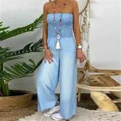 Full-chested Elasticated Slim-fit One-piece Slit Wide-leg Casual Denim Trousers - Light Blue - View 1