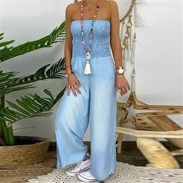 Full chested Elasticated Slim fit One piece Slit Wide leg Casual Denim Trousers Light Blue - Shop at LoveMi
