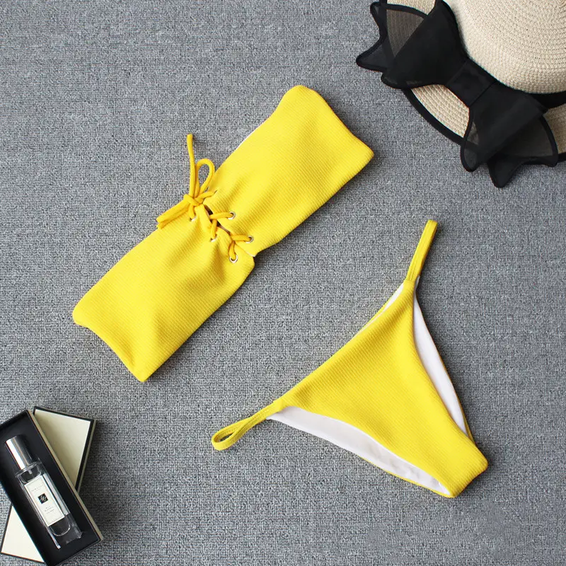 Thin Striped Briefs Split Bikini Swimsuit Solid Color