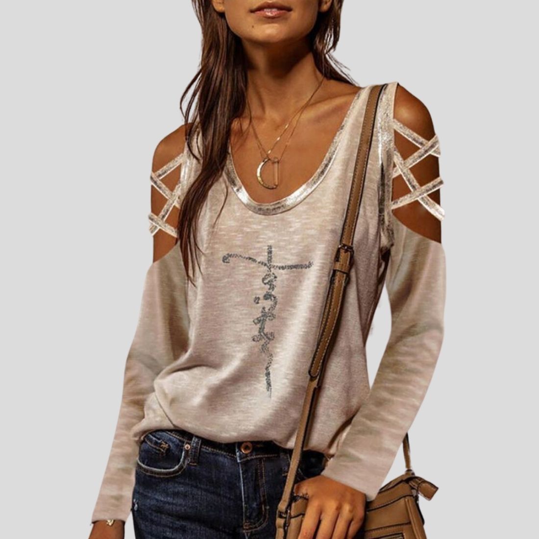 Ladies' Letter Crossing Round Neck Print Off Shoulder T-Shirt