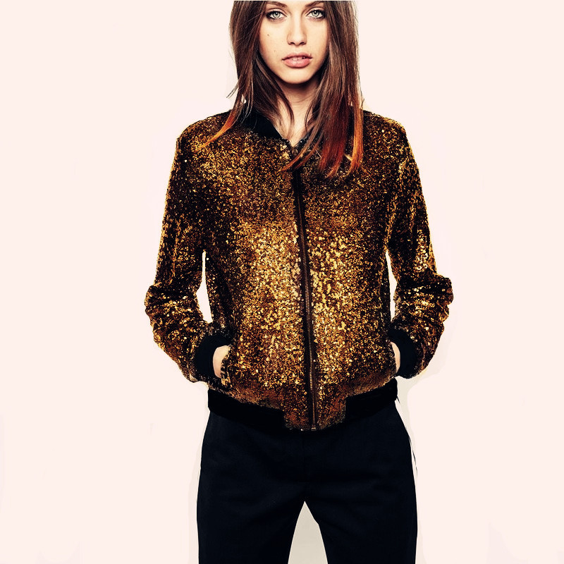Sports Style Full Sequin Baseball Uniform Casual Jacket Short Coat