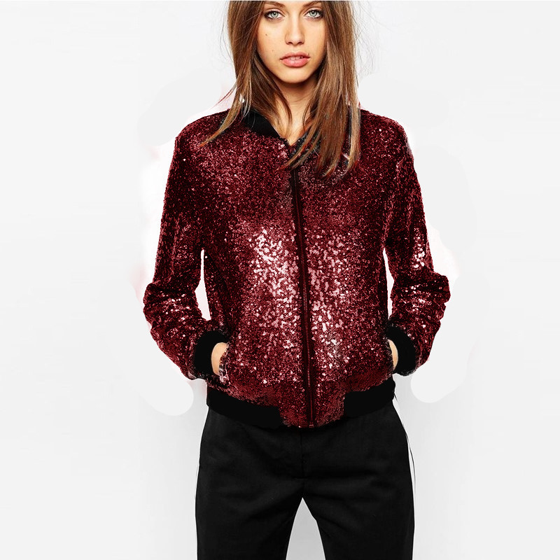 Sports Style Full Sequin Baseball Uniform Casual Jacket Short Coat Wine - Shop at LoveMi