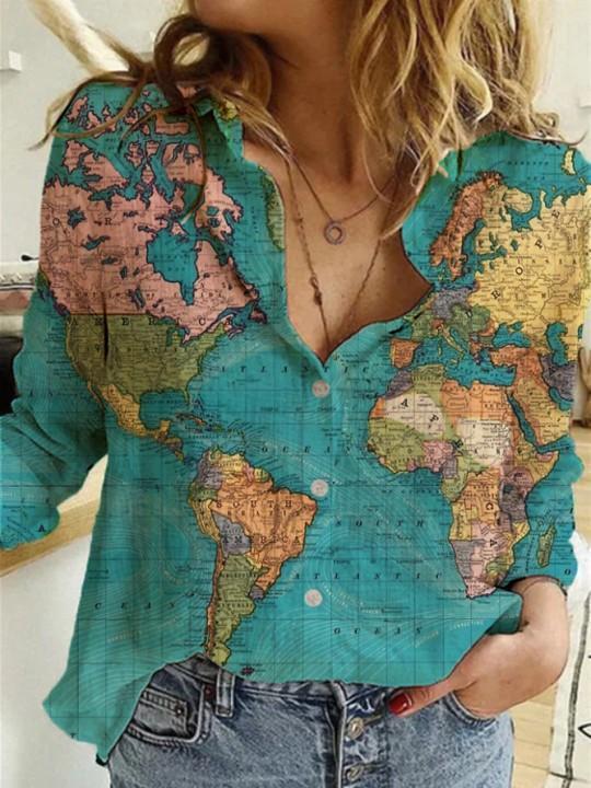 Fashion Map Depicting Printed Long-sleeved Women's Shirt