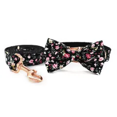 Black Flower Dog And Cat Leash Pet Collar - Bow Set - View 1