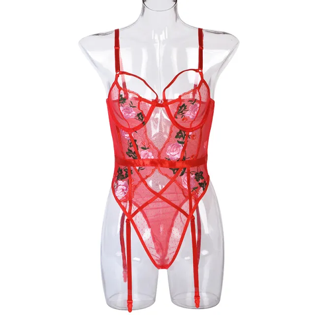 Women's Lace Mesh Stitching Bodysuit Red - Shop at LoveMi