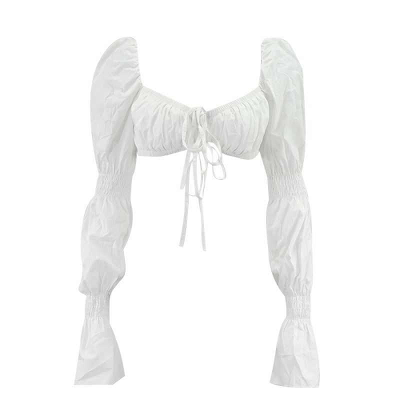 Women's Sexy Fashion Solid Color Trumpet Sleeve Lace-up Folds Cropped Crop Top