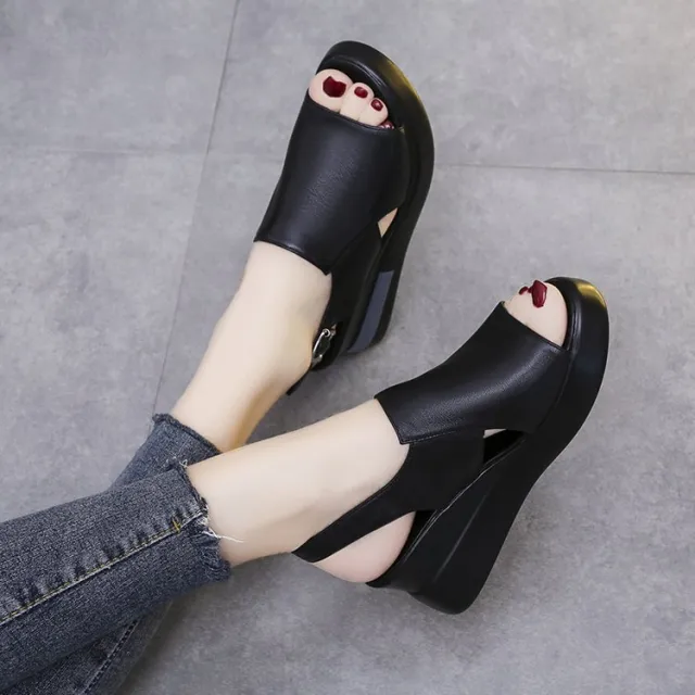 Korean Version Of The Casual Backspace One line Buckle Thick soled Wedge High heeled Sandals Black - Shop at LoveMi