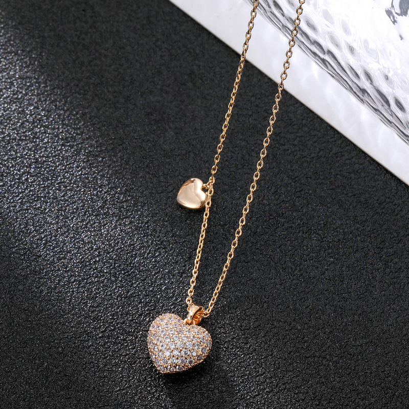 Three-dimensional Double Heart Full Diamond Copper Zirconium Necklace Clavicle Necklace