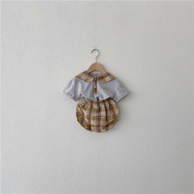 Summer New Kids Clothing Set Plaid Navy Collar Stitching Short Sleeve Khaki - Shop at LoveMi