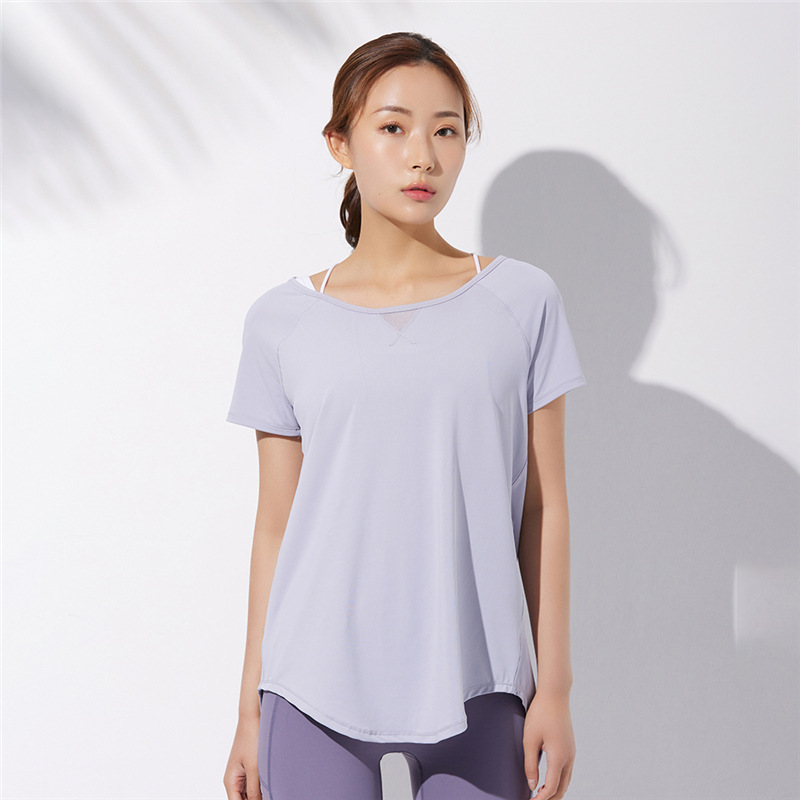 Yoga Clothes Women Loose Mesh Stitching Short Sleeves Light Blue Purple - Shop at LoveMi