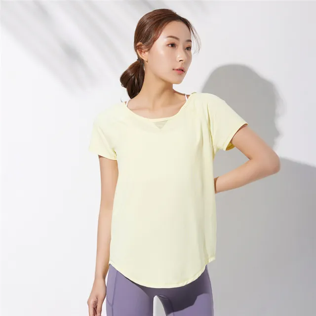 Yoga Clothes Women Loose Mesh Stitching Short Sleeves Goose Yellow - Shop at LoveMi