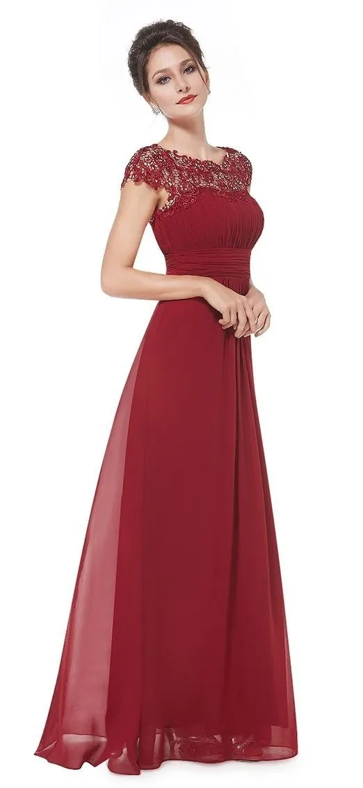 Women Elegant Dress Ladies Lace Flower Backless Solid Color Evening Party Long Maxi Dress - Scarlet-S