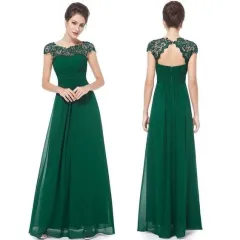Women Elegant Dress Ladies Lace Flower Backless Solid Color Evening Party Long Maxi Dress - Green - View 1