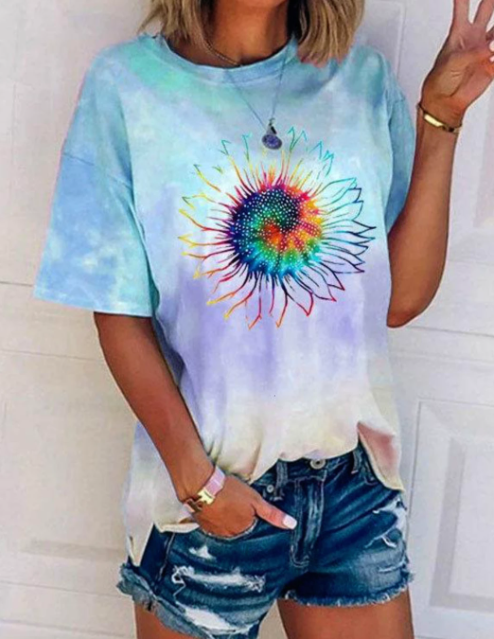 Title 4, Casual Loose Tie-dye Multicolor Printed Short S...