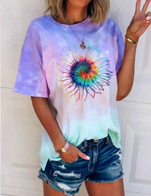 Title 3, Casual Loose Tie-dye Multicolor Printed Short S...