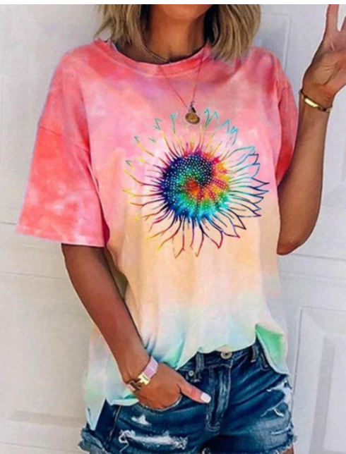 Title 2, Casual Loose Tie-dye Multicolor Printed Short S...