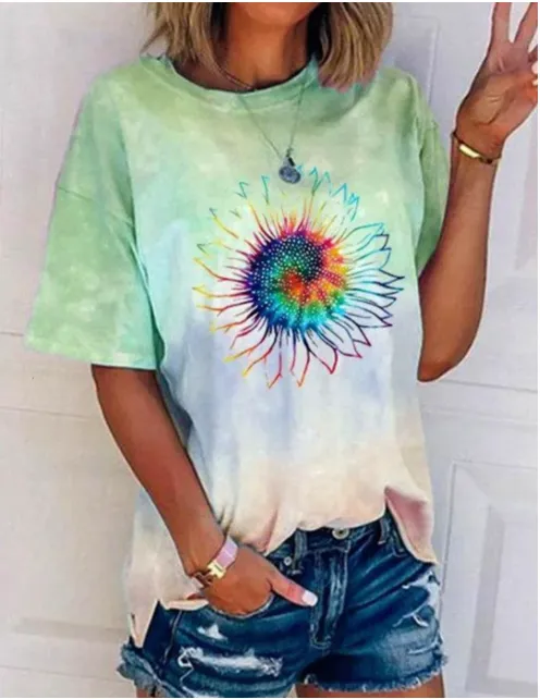 Casual Loose Tie dye Multicolor Printed Short Sleeves Green - Shop at LoveMi