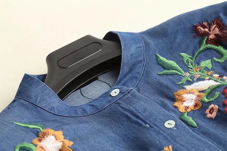 Stand-up Collar Embroidered Long-sleeved Tencel Denim Dress