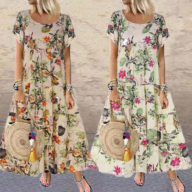 Stand-alone Retro Cotton And Linen Floral Print Short-sleeved Round Neck Dress