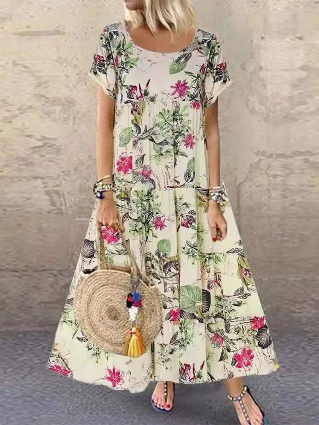 Stand alone Retro Cotton And Linen Floral Print Short sleeved Round Neck Dress Tan - Shop at LoveMi