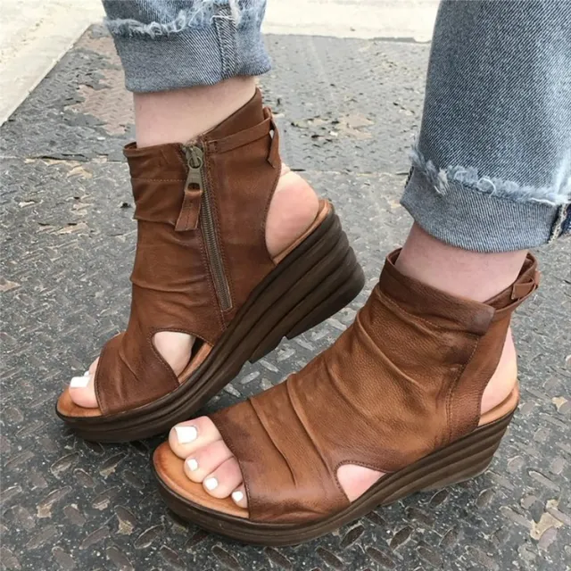 Sandals Women Wedge Heel Side Zipper Ruffled Surface Brown - Shop at LoveMi