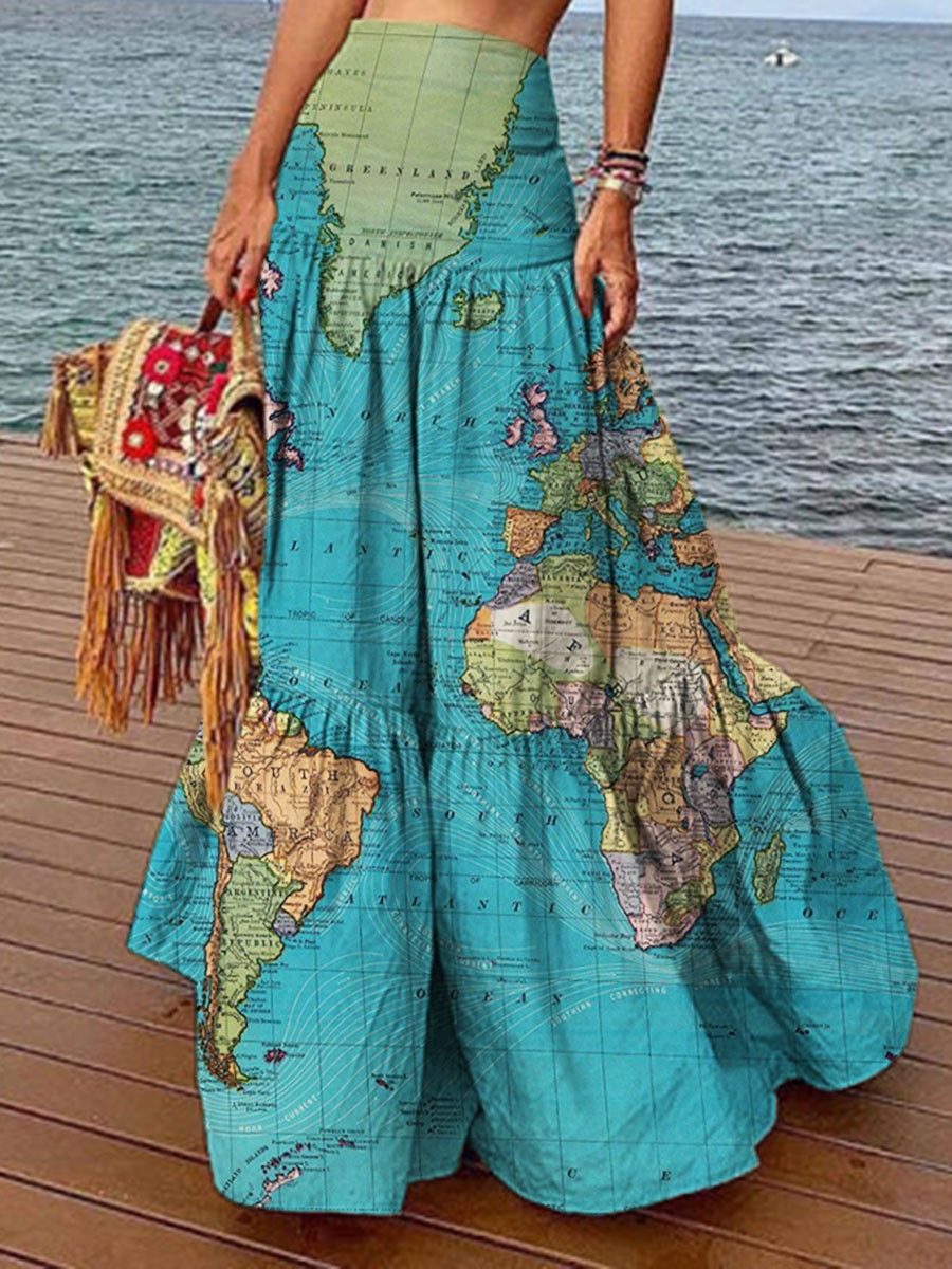 Title 3, Vestido de talle alto con estampado de mapas mu...