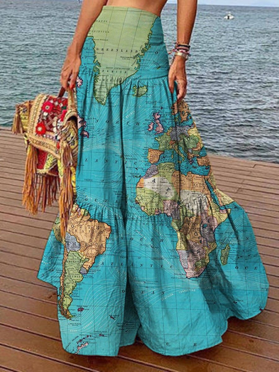 World Maps Print High Waist Dress