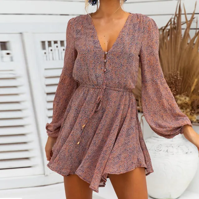 Sexy V Neck Long Sleeved Drawstring Lace Up Beach Jumpsuit Red And Blue Printing - Shop at LoveMi