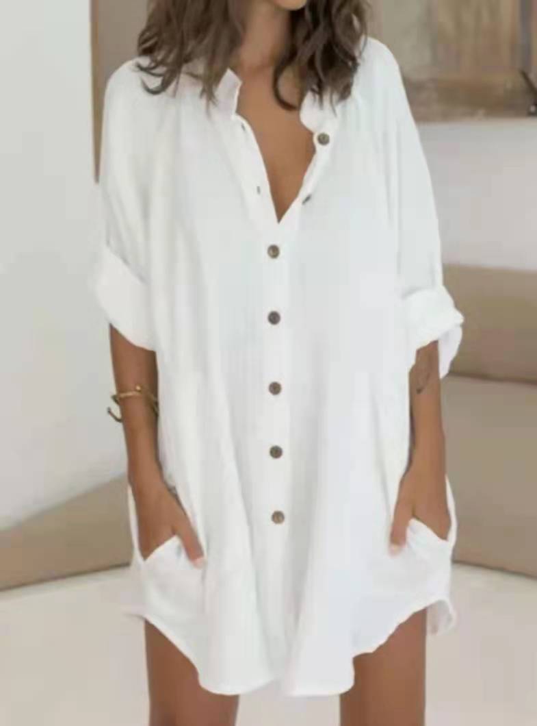 Women's Solid Color Long-sleeved Mid-length Shirt