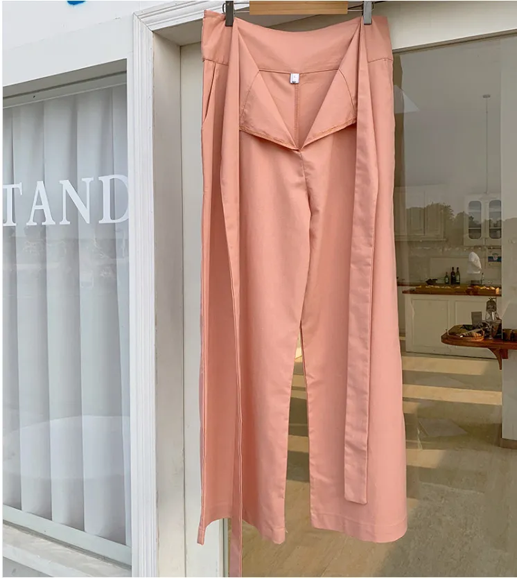 Pure Color Lace-up Cotton And Linen Casual Trousers - Pink
