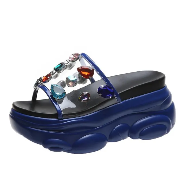 Summer Women Rhinestone Bling Sandals Female Thick Bottom Shoes Blue - Shop at LoveMi