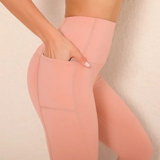 Double sided Nylon Side Pocket Yoga Pants Feminine Buttocks Fitness Pants Pink - Shop at LoveMi