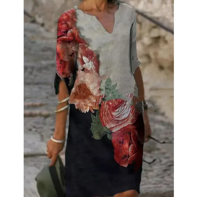 Printed Loose Bamboo Fiber Linen Floral Short Sleeves Grey - Shop at LoveMi
