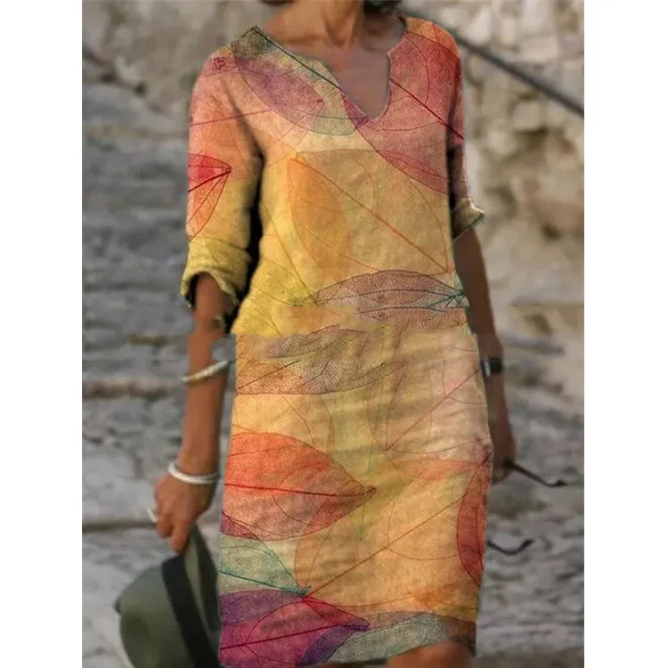 Printed Loose Bamboo Fiber Linen Floral Short Sleeves - Yellow