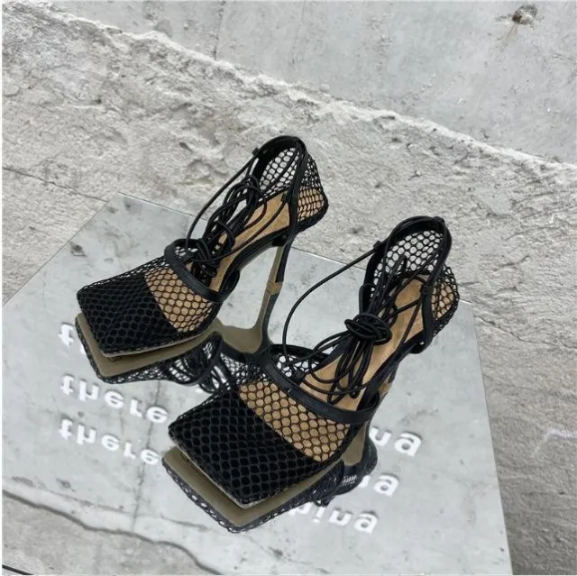 New Mesh Hollow Ankle Strap High heeled Women's Shoes With Square Toe Black - Shop at LoveMi