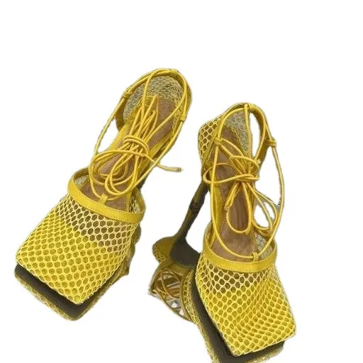 New Mesh Hollow Ankle Strap High-heeled Women's Shoes With Square Toe - Yellow