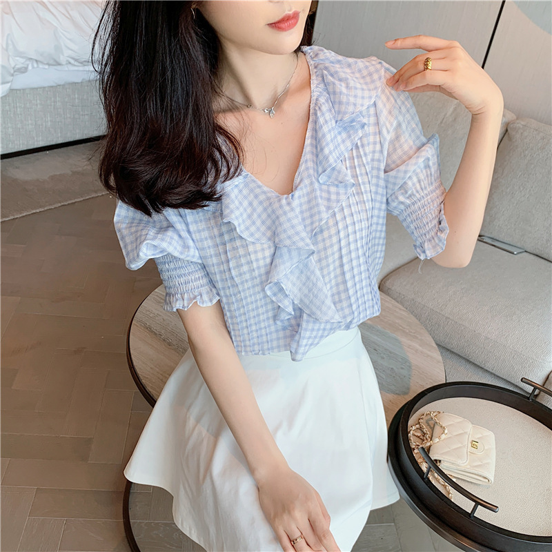 Title 3, V-neck Plaid Super Fairy Puff Sleeve Ruffled Ch...