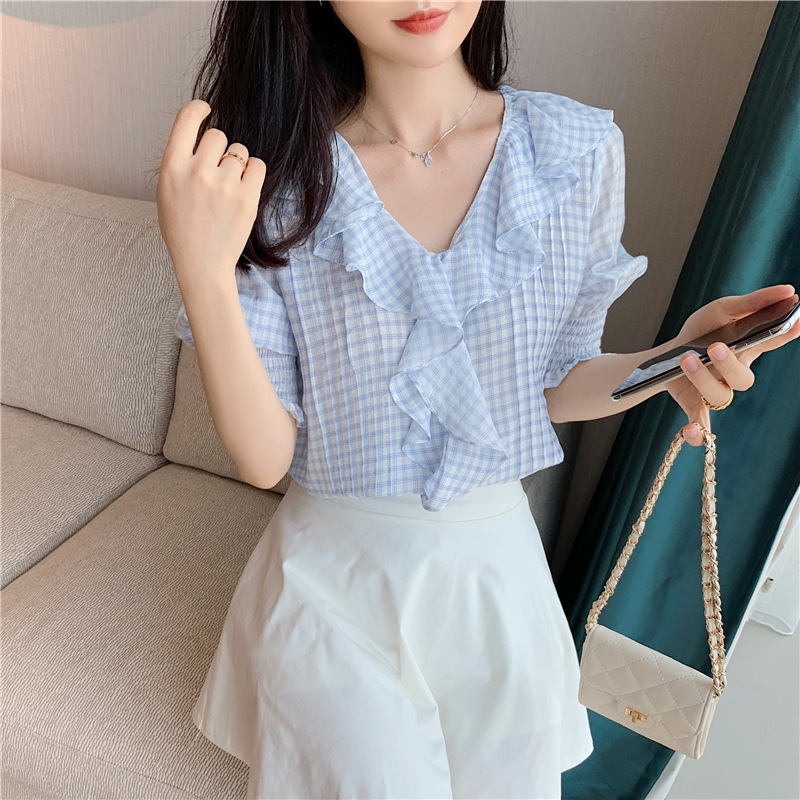 Title 2, V-neck Plaid Super Fairy Puff Sleeve Ruffled Ch...