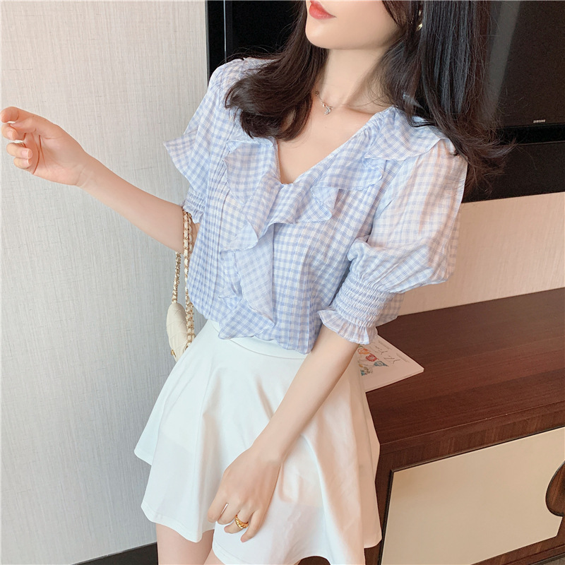 Title 5, V-neck Plaid Super Fairy Puff Sleeve Ruffled Ch...