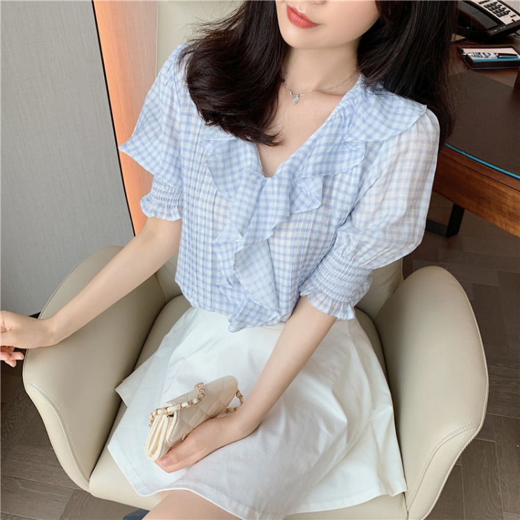 V-neck Plaid Super Fairy Puff Sleeve Ruffled Chiffon Shirt Women