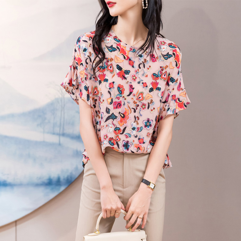 Chiffon Shirt Short-sleeved T-shirt Summer Women's Round Neck Top