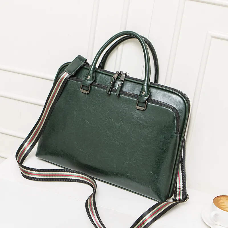 New Style Cowhide Lady Briefcase Large Capacity Business Handbag A4 Document Bag Computer Bag - Green