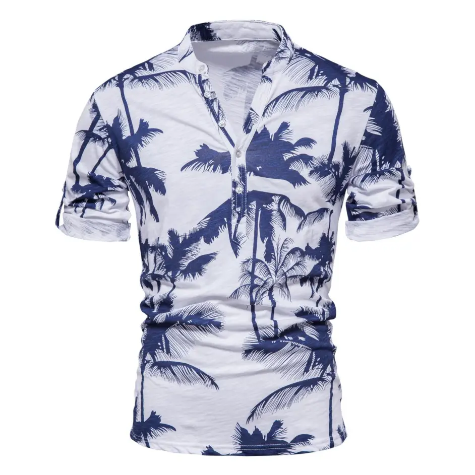 Summer Casual V Neck Printed T-Shirt Men's Slim Casual Hawaiian Short Sleeves