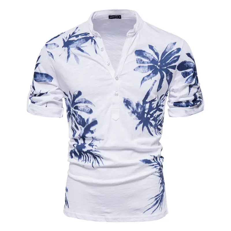 Summer New Hawaiian Print Men's Short Sleeved Casual Round Neck Cotton T-Shirt