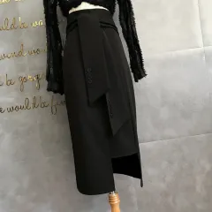 High Waist Black Professional Temperament Midi Skirt - Black - View 1