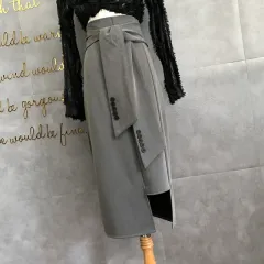 High Waist Black Professional Temperament Midi Skirt - Grey - View 1
