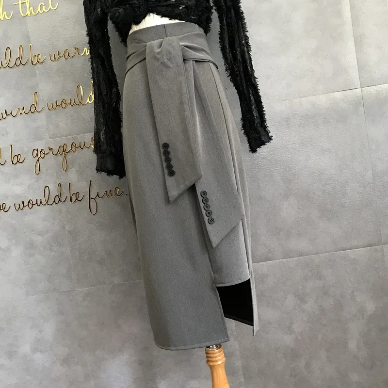High Waist Black Professional Temperament Midi Skirt - Grey