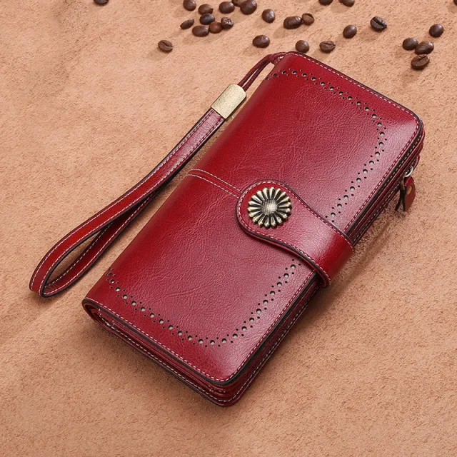 Women's Long Zipper Leather Women's Wallet Wallet Large capacity Clutch Burgundy - Shop at LoveMi